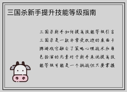 三国杀新手提升技能等级指南