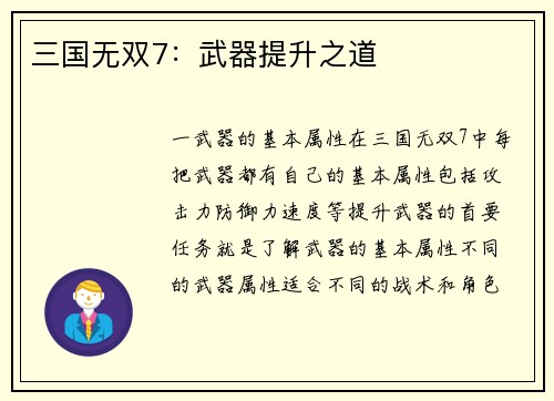 三国无双7：武器提升之道
